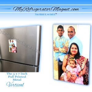 A refrigerator magnet with a picture of a family.