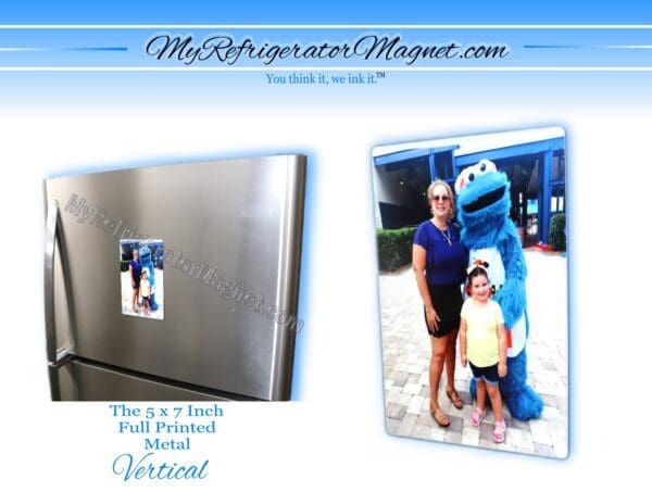 A refrigerator magnet with a picture of cookie monster and a woman.