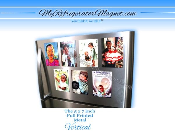 A refrigerator magnet with pictures of people on it.