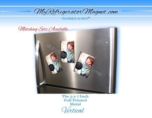 A refrigerator magnet with three pictures of a baby.