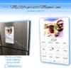 A refrigerator magnet with the picture of a person and calendar.