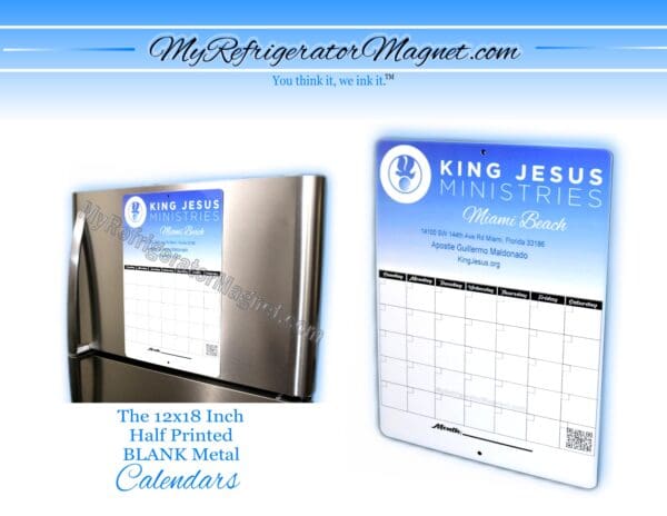 A refrigerator magnet with the calendar of king jesus ministries.