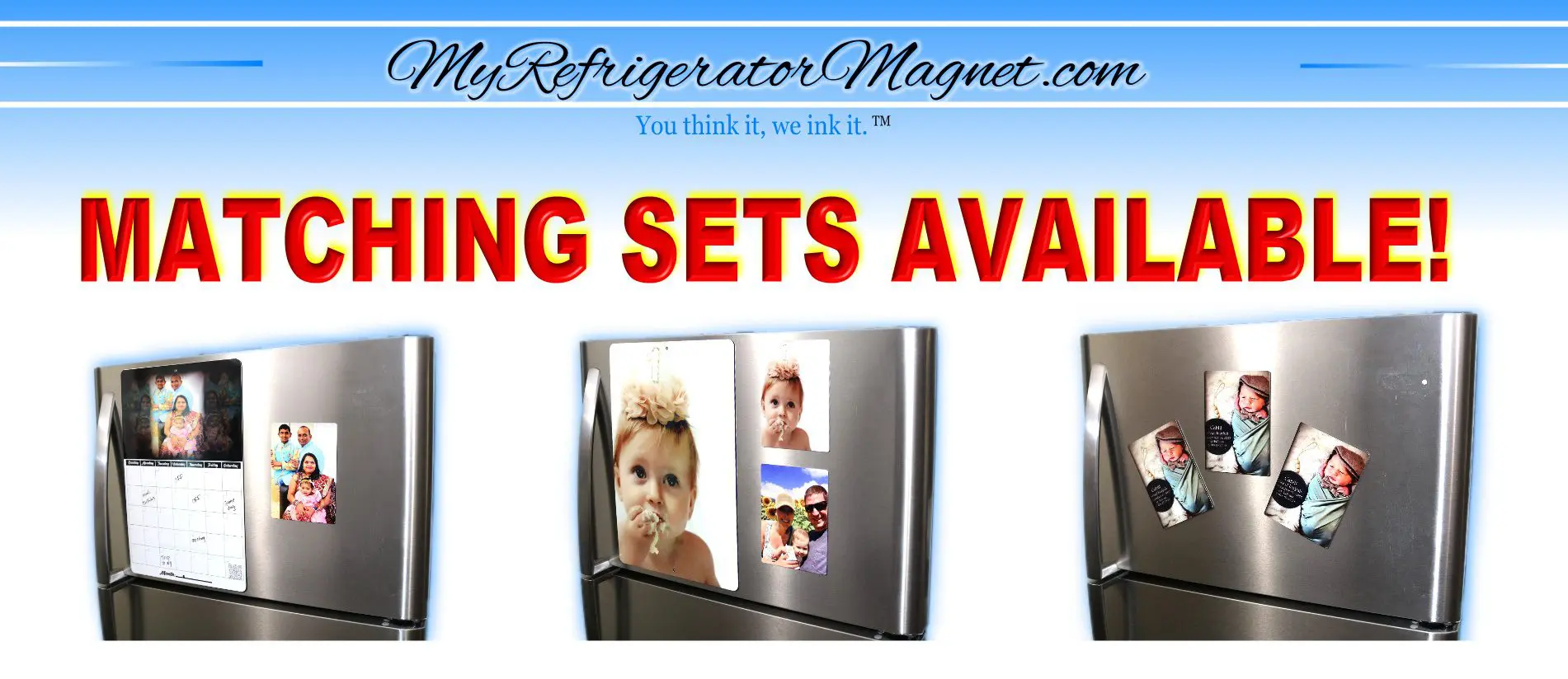 A refrigerator magnet with pictures of a baby and a girl.