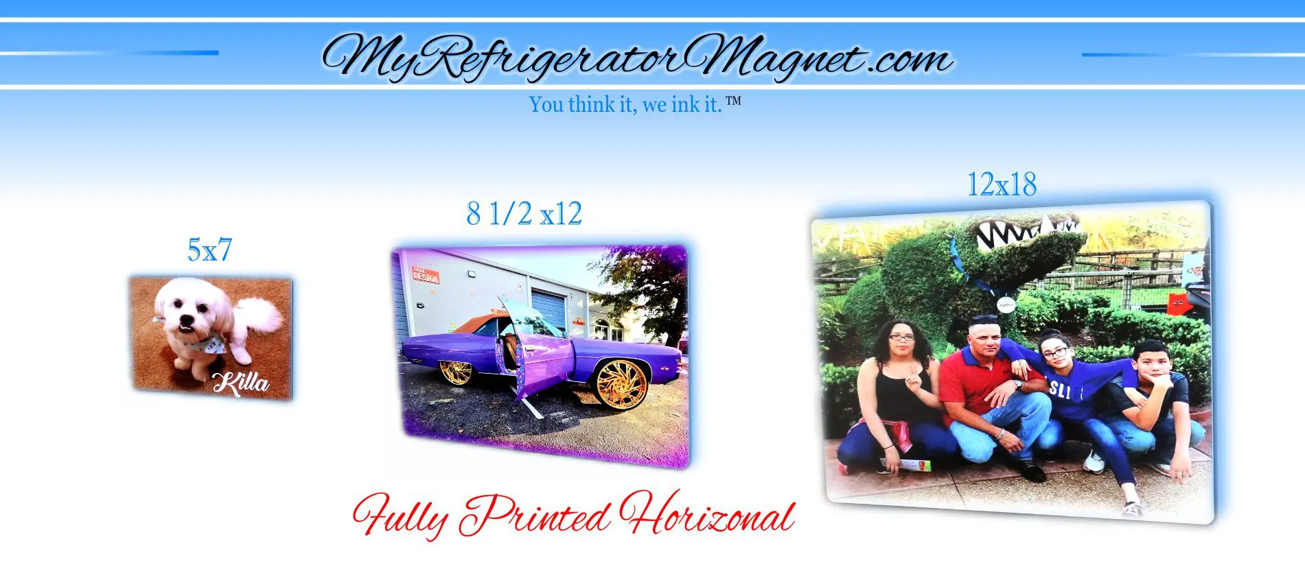 A picture of two people and a car on the front page of a refrigerator magnet.