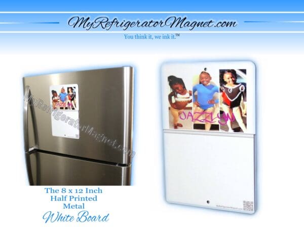 A refrigerator magnet with two pictures of people on it.