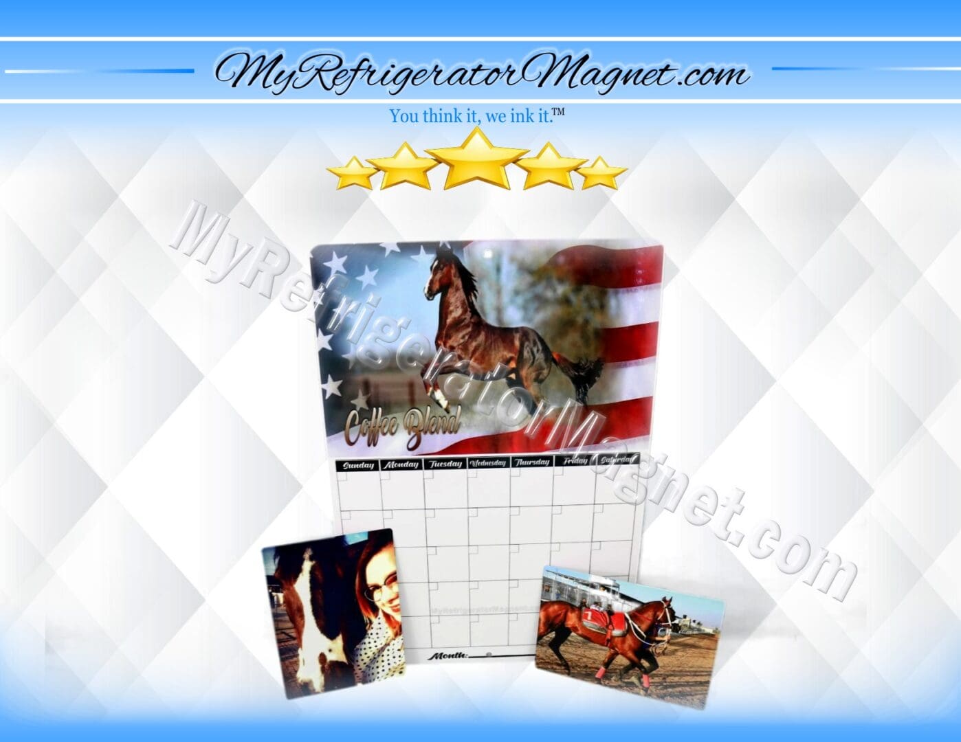 A calendar with pictures of horses and an american flag.
