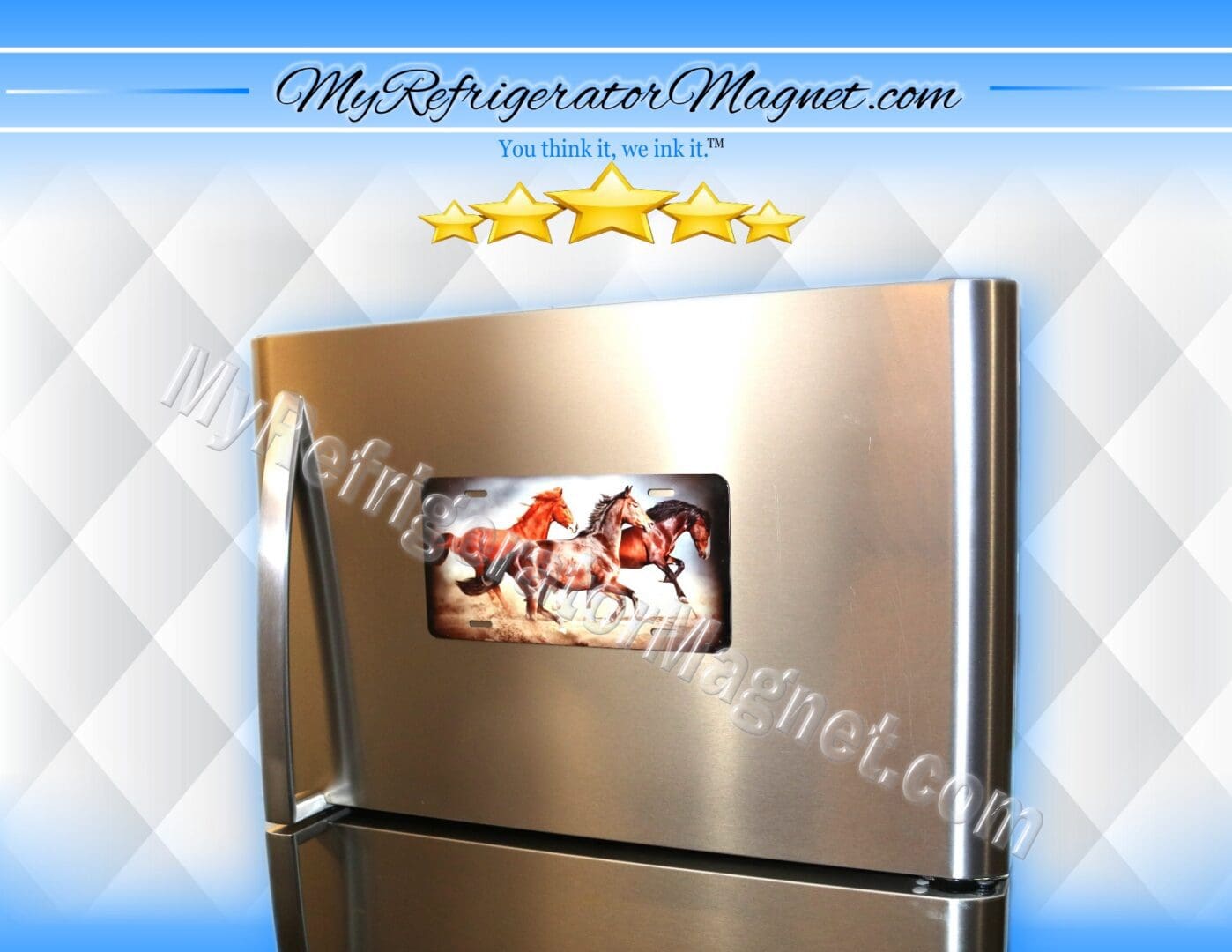 A refrigerator with a picture of horses on it.
