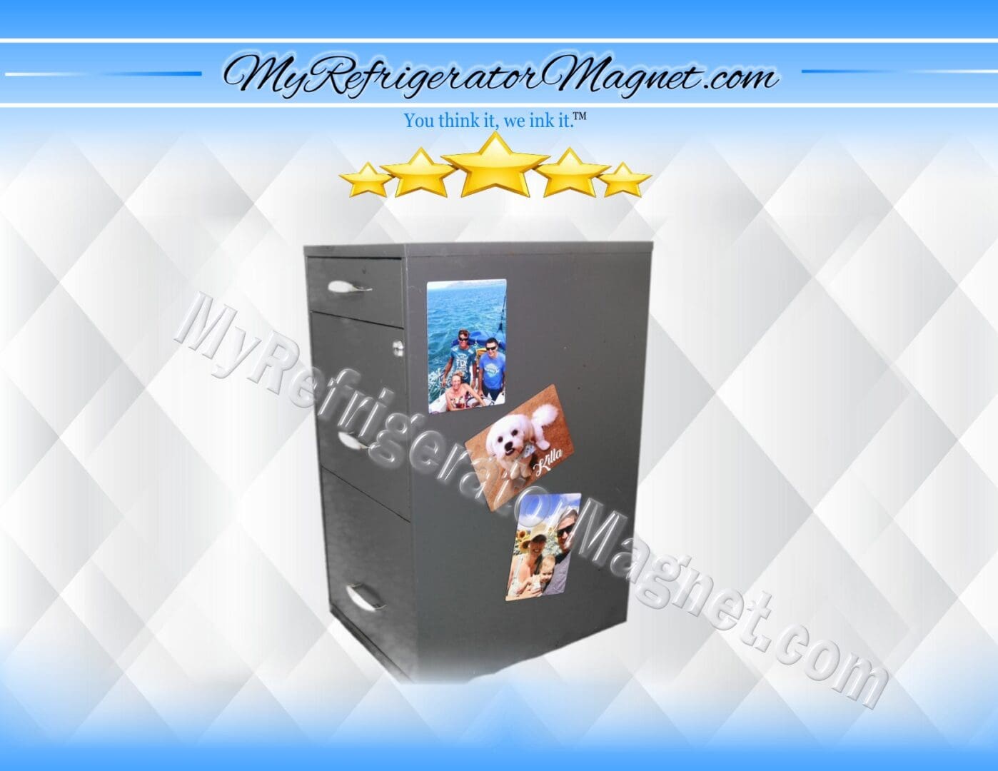 A refrigerator with pictures of people and animals on it.