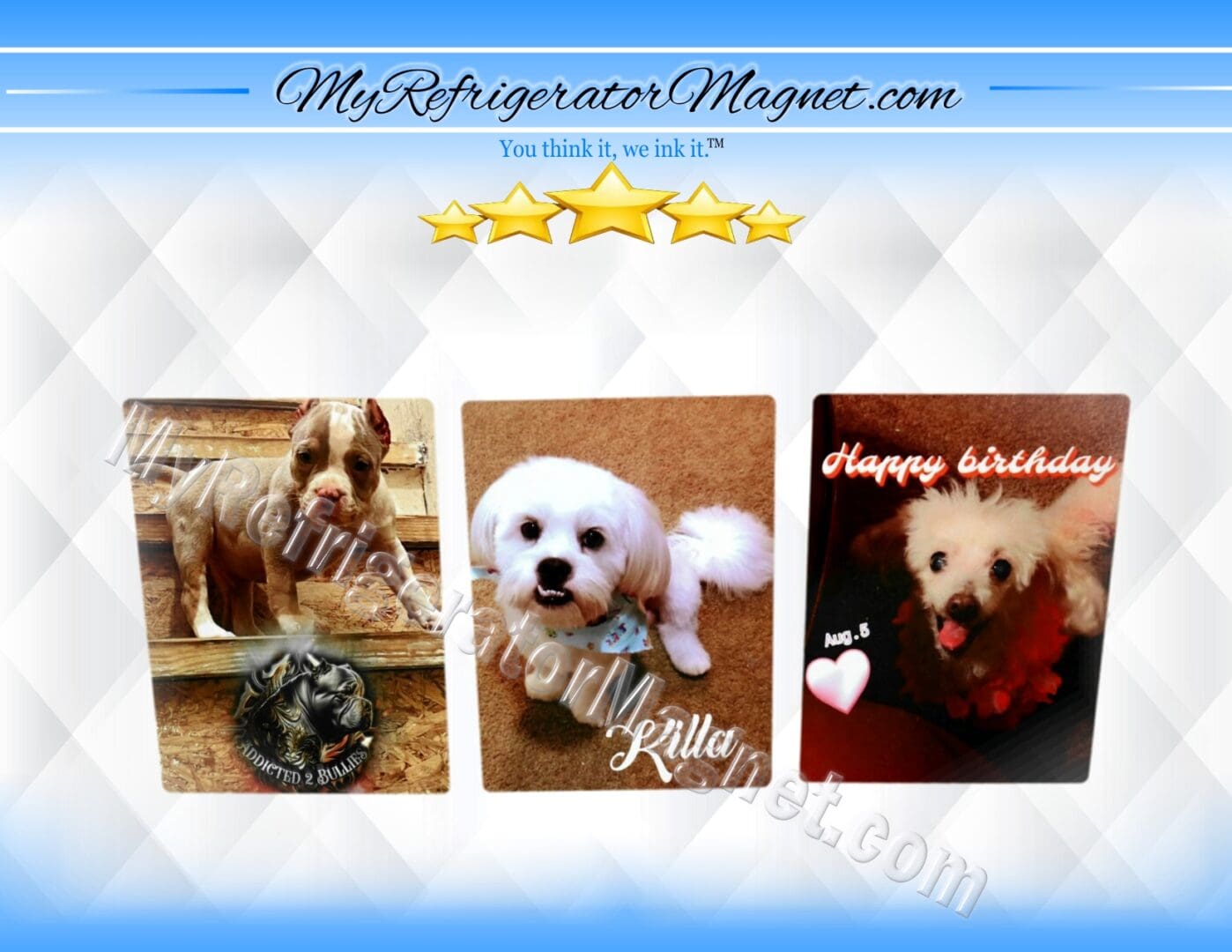 Three different pictures of dogs with a birthday message.
